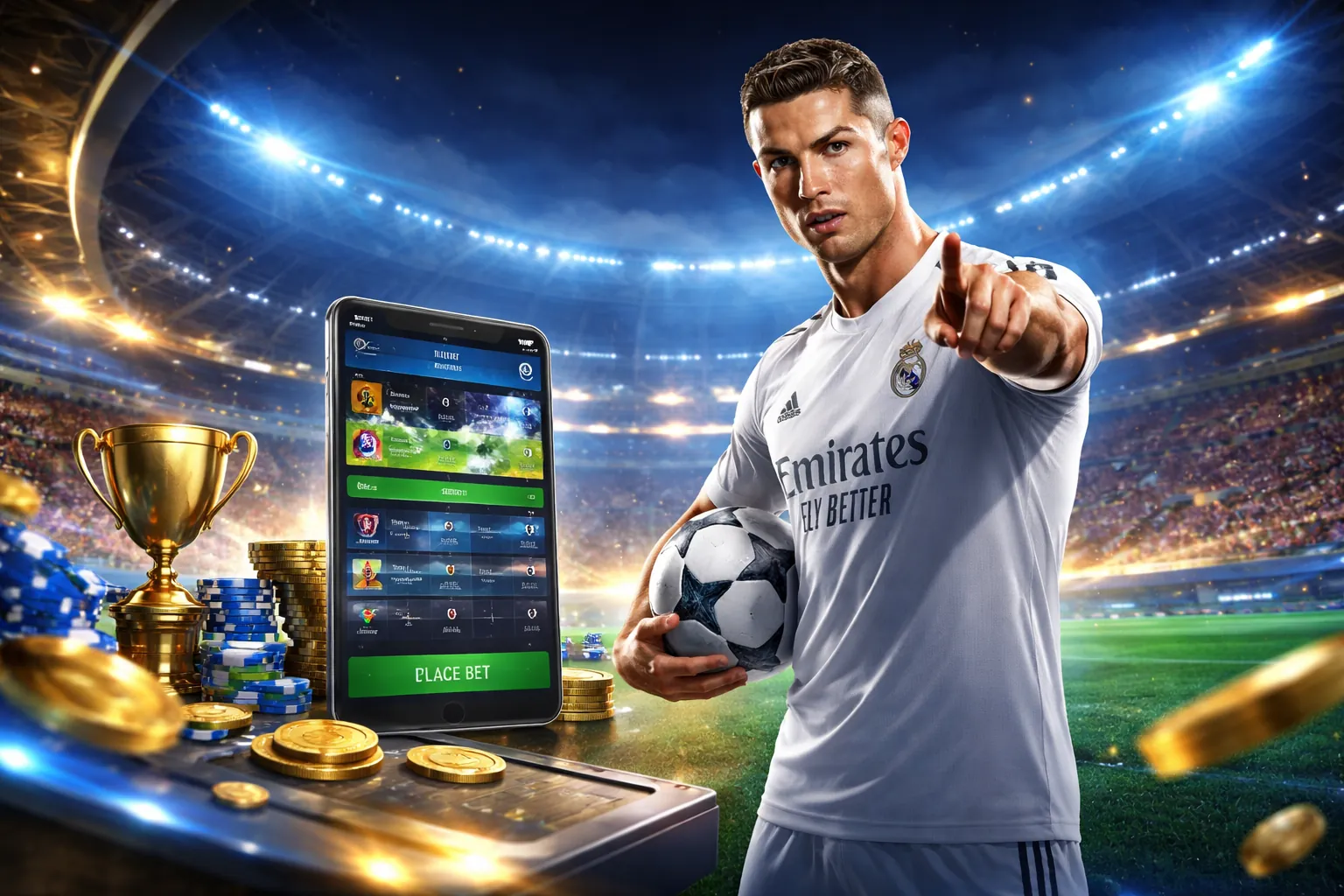 Hình ảnh sân vận động thể thao với các biểu tượng kèo cược SBOBET
